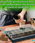 No Fuss Indoor Seed Starter Tray Kit Set For Quick Germination, person planting with 24-cell tray, coco pellets, and tools visible.