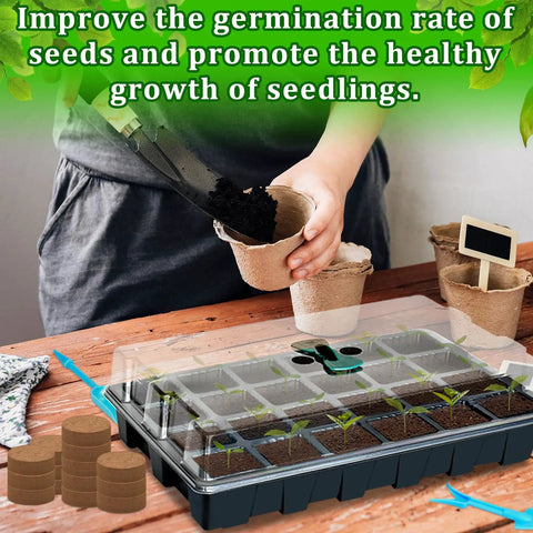 No Fuss Indoor Seed Starter Tray Kit Set For Quick Germination, person planting with 24-cell tray, coco pellets, and tools visible.