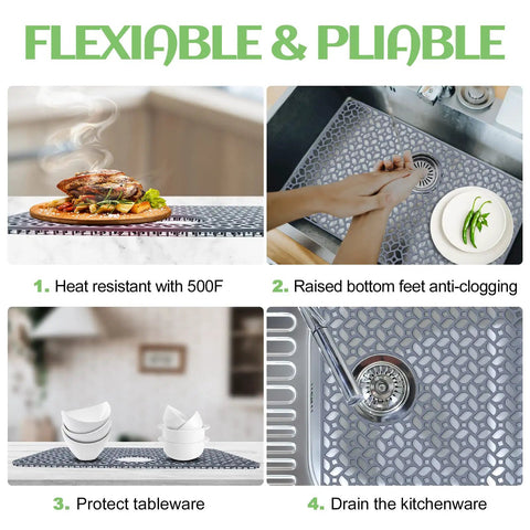 Heat Resistant Silicone Sink Protector Mat with No Slip Grid Design for Kitchen Sinks, Rear Drain Access, Easy Cleanup Display