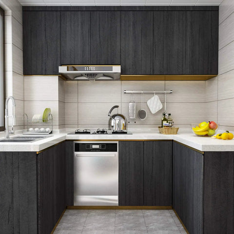 Modern kitchen with Dope Black Wood Look Countertop Contact Paper Self Adhesive For Kitchen Counters Waterproof Peel And Stick Wood Vinyl Wrap
