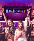 People in a bar with Bluetooth Controlled LED Sign For Business Programmable Flexible Digital Display With DIY Text Graffiti Animations App Control Via CoolLED1248 Easy Customizable LED Billboard For Windows And Shops 27 By 5 Inch showing 'Halloween' message.