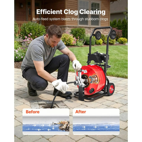 Reliable Heavy Duty Electric Sewer Snake Auger 100 Feet 3 4 Inch Cable in use by a man clearing a clogged drain with auto feed.