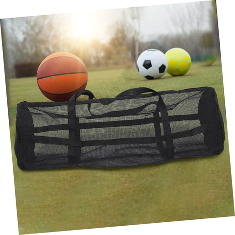 Mesh Basketball Duffle Bag Large Capacity Gym Tote For Sports Gear Dive And Snorkeling Equipment Soccer Ball Carrier Heavy Duty PVC Mesh Tote For Outdoor Workout And Travel with a basketball and soccer balls in the background.