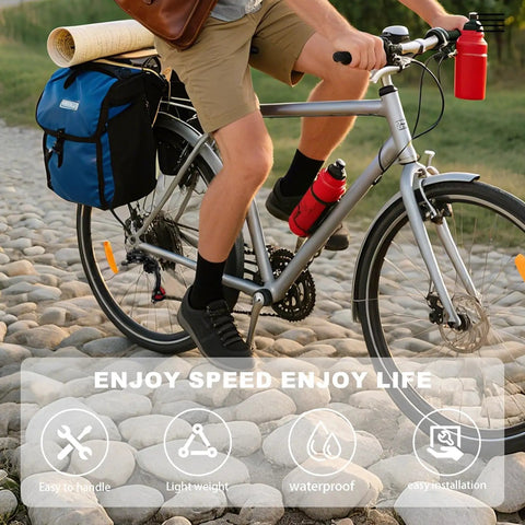 Cyclist with touring bike on cobblestone path demonstrating RD-TZ500 6/7 Speed Rear Derailleur Direct Mount for Mountain and Road Bikes.