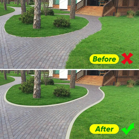 Before and after using Heavy Duty Rotary Wheel Lawn Edger With Adjustable 23.6 To 67 Inch Length, Stainless Steel Handle And Sharp Serrated Blades, Quick Edging Power For Sidewalks, Roller Trimmer With Gloves Included.