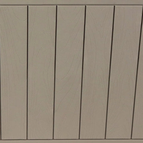 Close-up of the driftwood finish on the Lockable Outdoor Deck Box For Patio Storage Weather Resistant 32 Gallon Faux Plank Driftwood Finish.