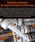 Heavy Duty Black Hybrid Sealant And Adhesive For Quick Pond Leak Fixes And Koi Tank Repairs Pro Grade MS Polymer Caulk showing tubes stacked.