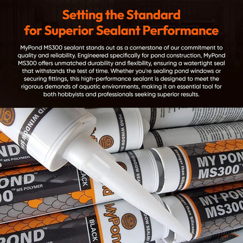 Heavy Duty Black Hybrid Sealant And Adhesive For Quick Pond Leak Fixes And Koi Tank Repairs Pro Grade MS Polymer Caulk showing tubes stacked.