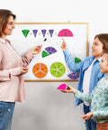 Teacher and students using Magnetic Fraction Tiles And Circles With Percentages For Classrooms on whiteboard
