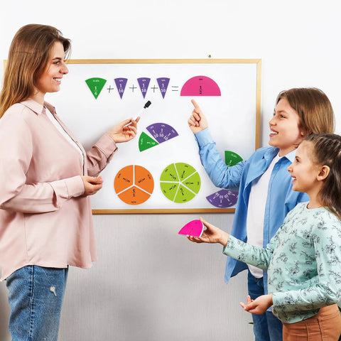 Teacher and students using Magnetic Fraction Tiles And Circles With Percentages For Classrooms on whiteboard