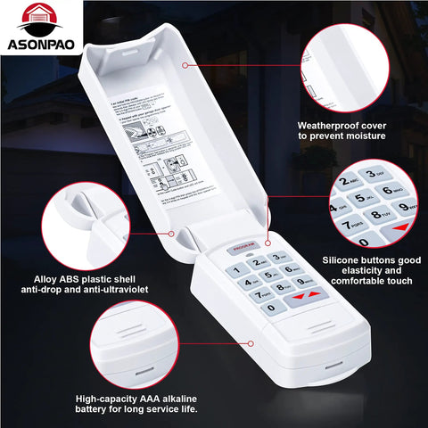 GUKR Universal Wireless Keypad For Genie Overhead Door LiftMaster Chamberlain Sears Craftsman and more with open lid and buttons.