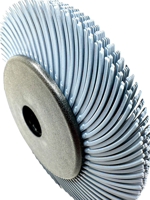 Works Like A Dream Heavy Duty 6 Inch Radial Bristle Brush 400 Grit Blue Type C angled view showing bristles and arbor.