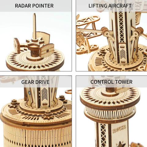 Close-up of 3D Wooden Puzzle Mechanical Music Box Aircraft Model Kit showing radar pointer, lifting aircraft, gear drive, control tower.