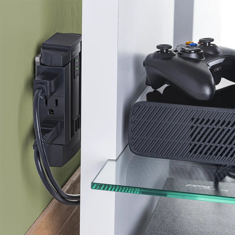 Six Swivel Outlet Surge Protector With 1200J Surge Protection behind a shelf with a console controller on top