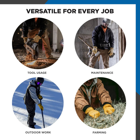 Workers using HydraHyde Water Resistant Cowhide Insulated Leather Work Gloves for various tasks including tool usage and farming.