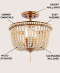 14 Inch Antique Gold And Light Taupe Wood Beaded LED Semi Flush Mount Ceiling Light With Cream Wood Bead Shade Boho Farmhouse Vibe for Nursery and Bedroom Energy Saving Bulbs Included featuring wood bead shade and dimmer compatibility