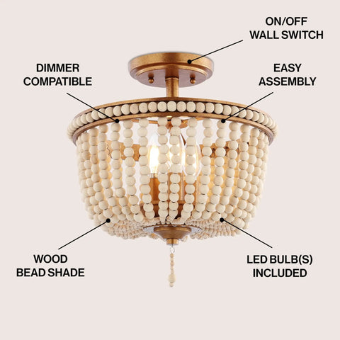 14 Inch Antique Gold And Light Taupe Wood Beaded LED Semi Flush Mount Ceiling Light With Cream Wood Bead Shade Boho Farmhouse Vibe for Nursery and Bedroom Energy Saving Bulbs Included featuring wood bead shade and dimmer compatibility