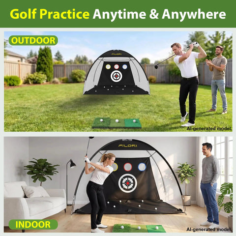 Heavy Duty Golf Practice Net 10 By 7 Foot With Tri Turf Mat All In One Backyard Driving And Chipping Swing Training Aid For Indoor Or Outdoor Use Blue Large Central Target And Two Side Pockets in use.