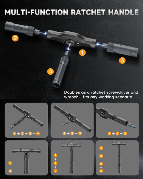 42 In 1 Magnetic Screwdriver Set With T Handle Ratchet S2 Steel Bits showing multi-function ratchet handle setup options