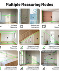 330 Ft Green Laser Measuring Tool With Bluetooth App Control showing multiple measuring modes, including distance and area.