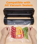 Hands sealing vegetables in Heavy Duty Vacuum Sealer Bags 11x50 Rolls Two Pack For Food Saver Storage BPA Free Puncture Resistant Channels