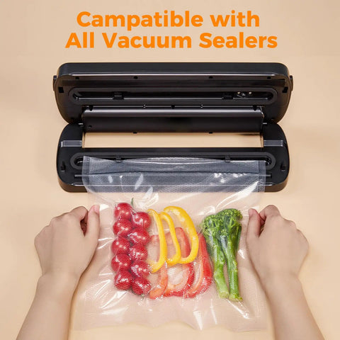 Hands sealing vegetables in Heavy Duty Vacuum Sealer Bags 11x50 Rolls Two Pack For Food Saver Storage BPA Free Puncture Resistant Channels