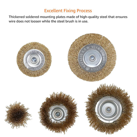 5 Piece Wire Brush Set With 1/4 Inch Hex Shanks For Drills And Impact Drivers, Heavy Duty Brass Coated Carbon Steel Crimped Wire displayed