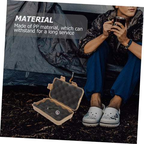 3-Piece Wear-Resistant Survival Box And Tool Case For Outdoor Adventures And Camping Essentials next to camper at tent entrance.