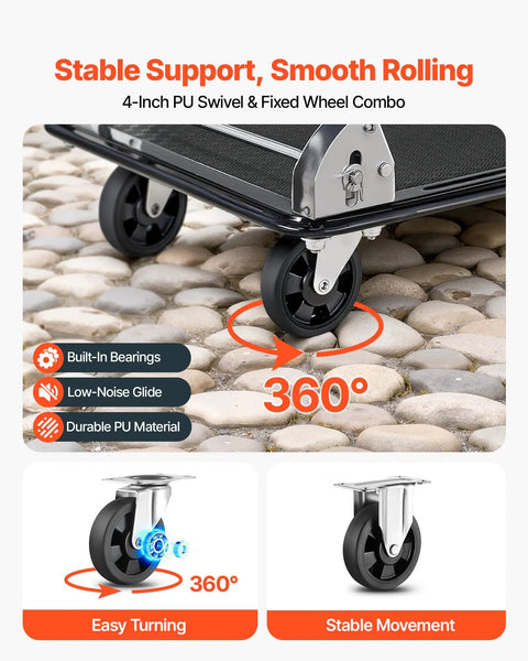 Close-up of wheels on Heavy Duty 2 Tier Foldable Platform Hand Truck With 700 Lb Capacity For Warehouse Garage Workshop Or Office Use