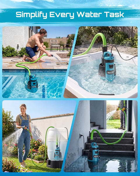 Automatic Submersible Water Pump With Smart Float Switch Delivers 5548 GPH High Flow For Yard Basement Pond Removal Plus Sump Jobs Heavy Duty 1HP in use for efficient water removal in basement.