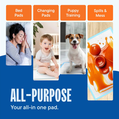 Hella Heavy Duty Disposable Pee Pads 200 Pack Multi Purpose Underpads for bed, changing, puppy training, and spills.