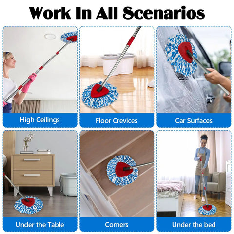 All-In-One Spin Mop Replacement Kit for RinseClean 2-Tank System With 16 Microfiber Refills, Scrubber Head, Triangle Base and Adjustable 31-63in Handle Built for EasyWring RinseClean Compatibility, shown for ceilings, floors, cars, corners