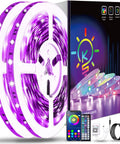 100Ft RGB LED Strip Lights Kit With 2 Rolls Of 50Ft, showing purple lights, app remote, and accessories in packaging