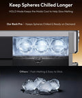 Elite Countertop Clear Ice Ball Maker Featuring Smart App Control And Reliable WiFi Connectivity Plus A Built In Twenty Four Hour Timer showing chilled ice spheres in molds.