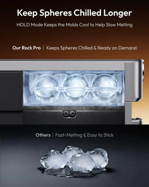 Elite Countertop Clear Ice Ball Maker Featuring Smart App Control And Reliable WiFi Connectivity Plus A Built In Twenty Four Hour Timer showing chilled ice spheres in molds.