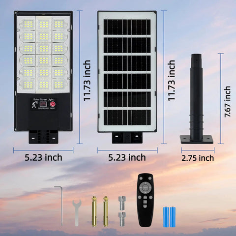 Outdoor Solar Street Lights With Remote Control Motion Sensor Waterproof Flood Light 6500K Dusk To Dawn components shown