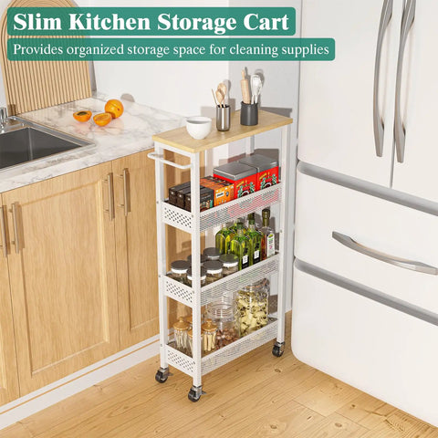 Slim Rolling Storage Cart, 4 Tier Mobile Organizer With Wood Top And Handle, kitchen use, white finish next to refrigerator