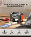 Grab And Go Solar Generator Bundle With Portable Power Station charging multiple devices on a table, including phone and laptop.