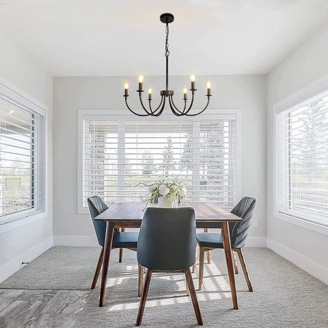 Six Light Farmhouse Chandelier Black Iron Finish Dope Dining Room Lighting Fixture With Classic Candle Style above dining table