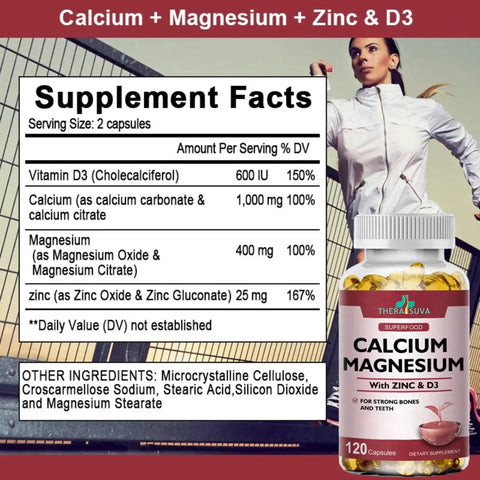 Max Strength Calcium 1000mg With Magnesium 400mg D3 600IU And Zinc 25mg Complex bottle with supplement facts label, 120 softgels