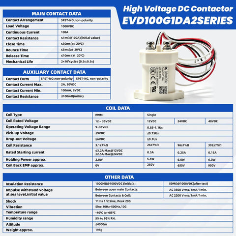 Rock Solid Heavy Duty High Voltage Direct Current Contactor 1000VDC 100 Ampere SPST Normally Open Switch with wiring details