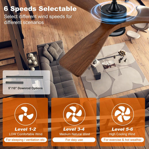 52 Inch Outdoor Ceiling Fan With Light, Solid Walnut Wood Blades in modern living room, 6 speed reversible motor.