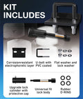 Anti Rattle Hitch Tightener And 2 Inch Receiver Lock Set showing components including PVC-coated U-bolt, washers, and lock body.