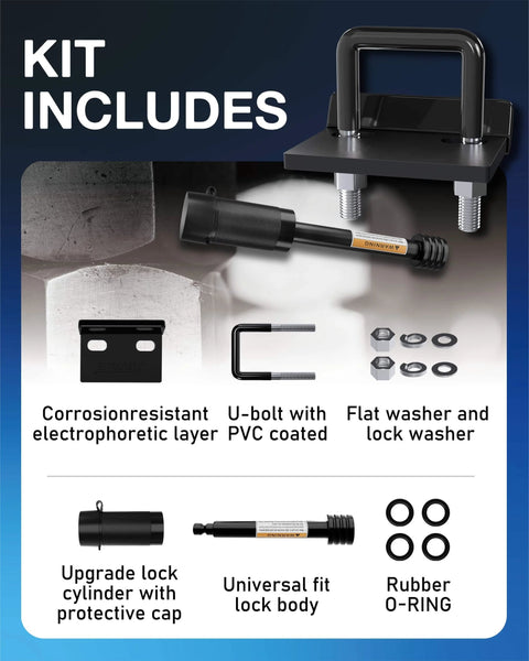 Anti Rattle Hitch Tightener And 2 Inch Receiver Lock Set showing components including PVC-coated U-bolt, washers, and lock body.