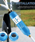 Rv Inline Water Filter For Campers And Trailers With Flex Hose Guards NSF Certified Lead Free connects to standard hose for easy installation.