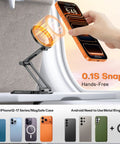 MagSafe Tripod Hook with Magnetic Back and Arca-Swiss Base displaying phone attachment, shown with various compatible phones.
