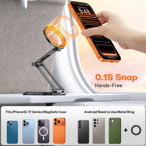 MagSafe Tripod Hook with Magnetic Back and Arca-Swiss Base displaying phone attachment, shown with various compatible phones.