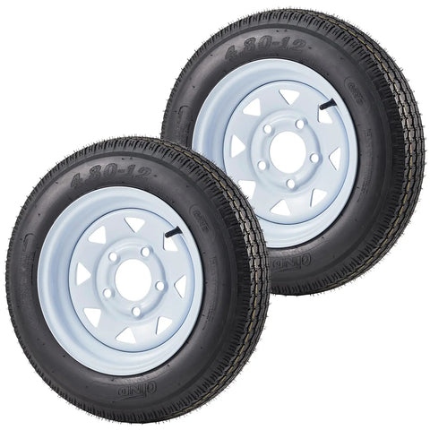 2 Pack 4.80-12 Trailer Tires On 12 Inch Rims With 5 Lug On 4.5 Inch Bolt Pattern 2.95 Inch Center Bore 4.8 Inch Wide Tread Versatile