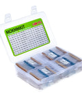 Front view of MOKMMKIT 150-value metal film resistor kit in a clear plastic case with 1500 resistors