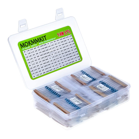 Front view of MOKMMKIT 150-value metal film resistor kit in a clear plastic case with 1500 resistors